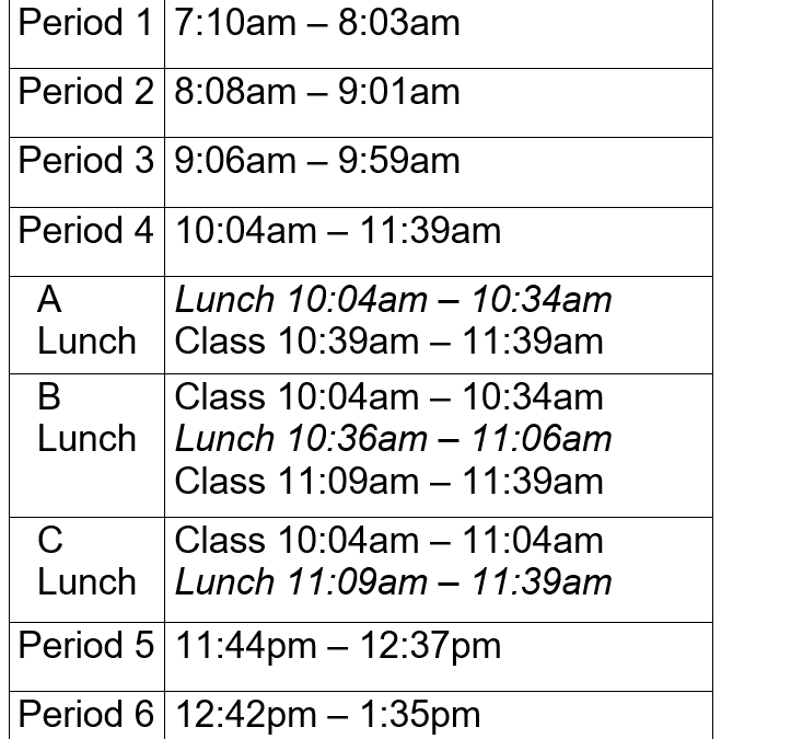 Bell Time Changes – Second Semester, 2021-22